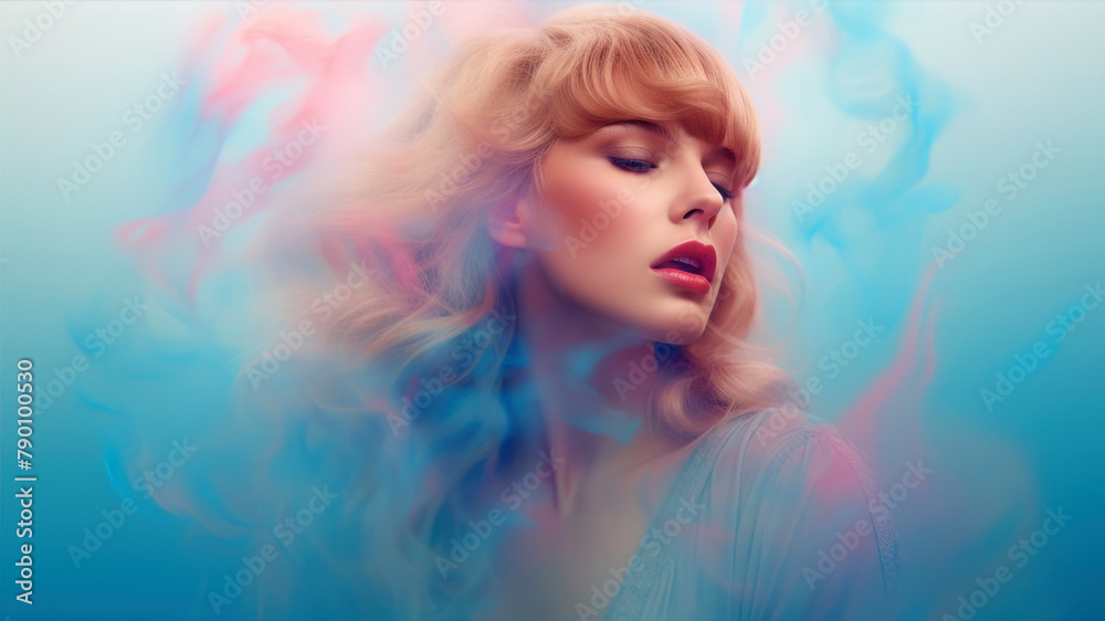 Portrait of a beautiful blonde woman with long curly hair and bright makeup. Portrait of a beautiful blonde woman with long curly hair and bright makeup.