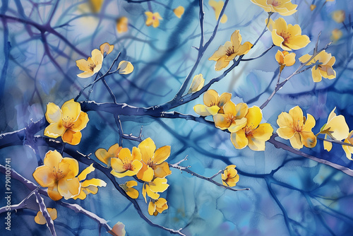 Tree branches with yellow flowers on dusk. background. Concept of romantic evening scene.