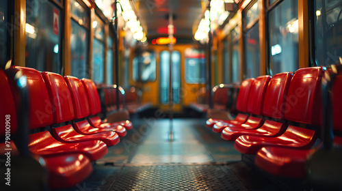 Empty view of the tram with red seats, generative ai