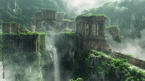 The enchanting ruins of the lost city of Avalon, shrouded in mystery and entwined with ivy, emerge from the dissipating mists.