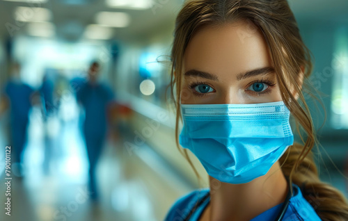 Young female doctor or nurse wearing face mask in hospital