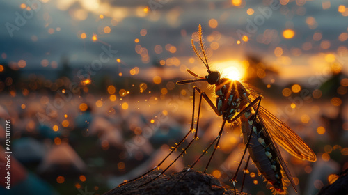A mosquito is standing on a rock in front of a group of tents photo