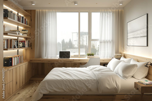 White and wooden hotel interior with bed and workplace with laptop, shelf with books. Panoramic window with curtains, parquet floor. Sleeping room in apartment, 3D rendering.