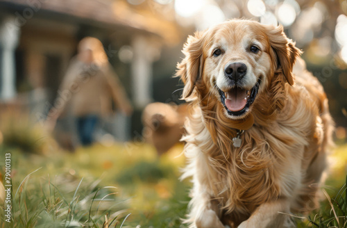 Happy golden retriever runs towards the camera with its tongue out. woman is blurred in the background.