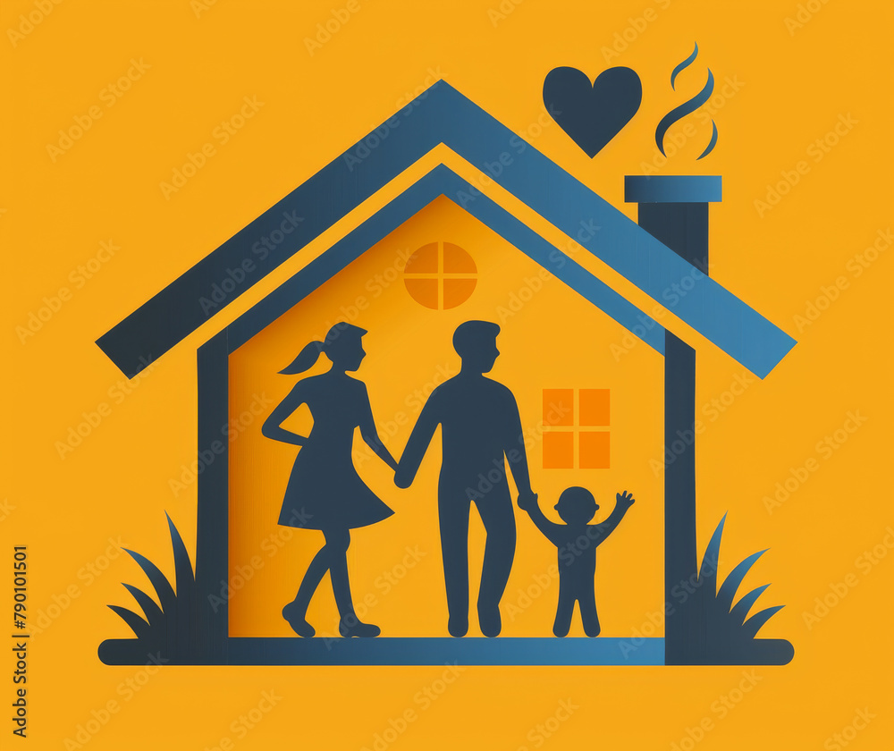 Happy family staying together in new house,paper art style Happy family staying together in new house,paper art style