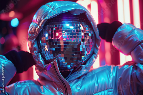 A Parka with a detachable hood that transforms into a wearable disco ball for spontaneous dance parties