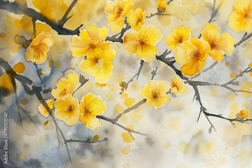 Tree branches with yellow flowers on beige background. Concept of romantic evening scene.