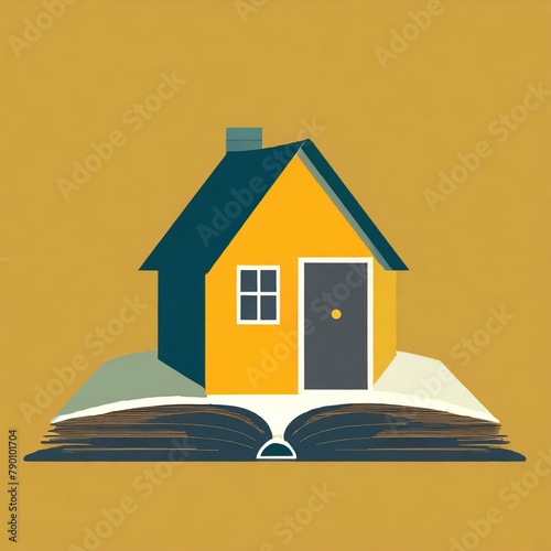 petite maison jaune et bleue foncé posée sur un livre ouvert dessin en ia