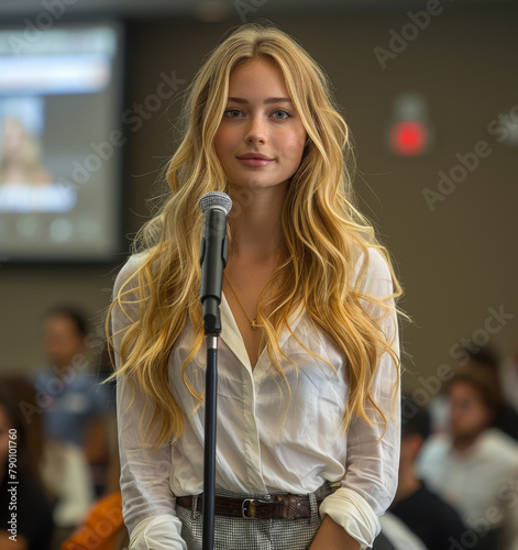 Young woman stands at microphone in front of crowd.