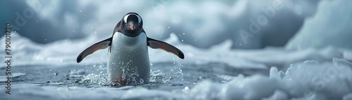 A penguin struggling to stay upright on slippery ice flapping its wings wildly photo