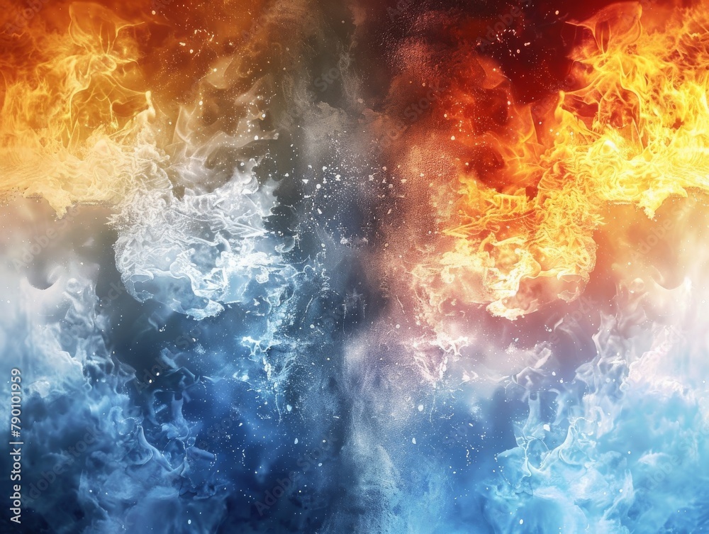 Dramatic clash of temperatures, where sizzling hot air meets the cold front, visualized in two distinct halves Dramatic clash of temperatures, where sizzling hot air meets the cold front, visualized in two distinct halves