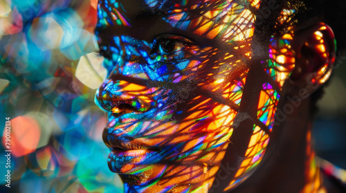 A woman with colorful face paint and a rainbow background