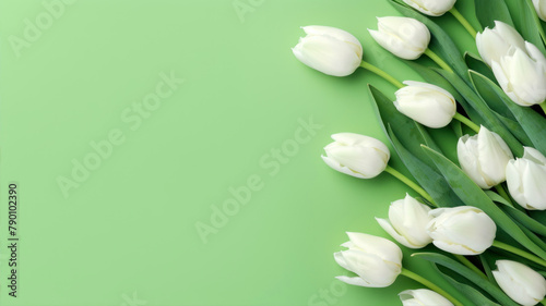 Bouquet of white tulips on green background with copy space #790102390