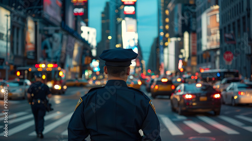 A police officer in uniform. standing near a busy intersection with traffic and pedestrians moving about. The view is from behind him as he monitors his teams work during rush hour