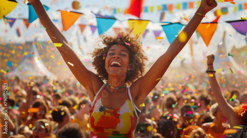 Joyful woman with raised arms and visible armpit hair celebrating at a music festival. photo
