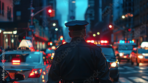 A police officer in uniform. standing near a busy intersection with traffic and pedestrians moving about. The view is from behind him as he monitors his teams work during rush hour