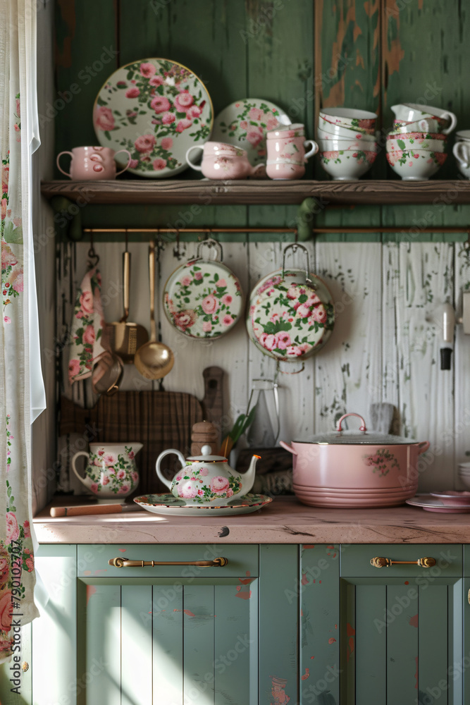 Vintage Charm: Cottagecore-Inspired Kitchen with Floral Ceramic Dishes & Vintage Cookware