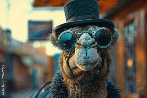Illustrate a comical camel wearing a top hat and monocle