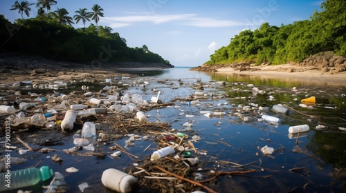 trash-infested coastal area reflects ecological imbalance, highlighting the urgent need for environmental restoration and sustainable waste management practices.
