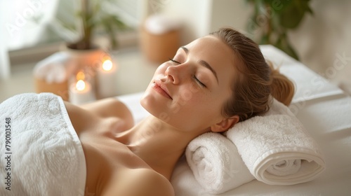 Relaxed Woman on Spa Bed with Candles and Plants  Smiling 