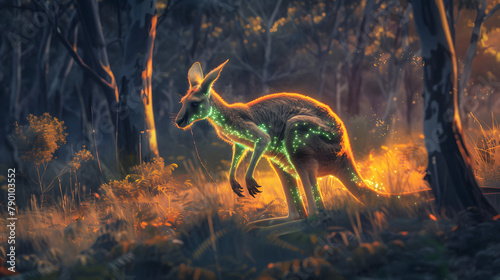 A red kangaroo with glowing green and yellow patches hopping in the vast outback. surrounded by eucalyptus trees illuminated from afar. © Oleksandr