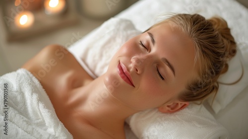 Relaxed Woman on Spa Bed with Candles and Plants  Smiling 