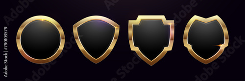 A set of four elegant golden shields with a glossy finish against a dark background, ideal for conveying a sense of style and modernity