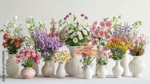 Wallpaper Mural A row of vases filled with a variety of flowers, including daisies, tulips Torontodigital.ca