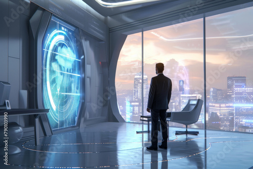 Corporate Executive Overlooking City Skyline from Futuristic Office with Holographic Display © sergign