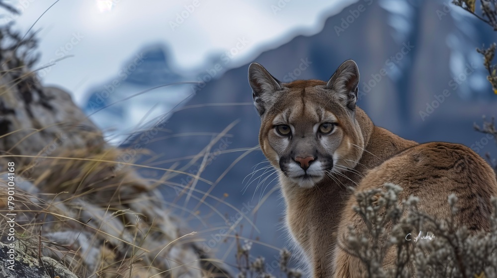 Naklejka premium Intrepid Stare, Puma Amidst Snowy Mountain Peaks