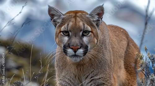Intrepid Stare, Puma Amidst Snowy Mountain Peaks