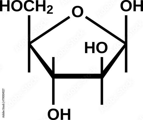 Beta-arabinofuranose structural formula, furanose form of arabinose, vector illustration