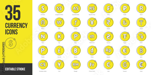 Popular currency symbol icon set in line style. Including usd, euro, yen, pound, franc, rupee, yuan, krona, baht, peso, ringgit, won, real, lira, rand, dinar.