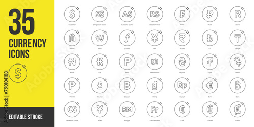 Popular currency symbol icon set in color style. Including usd, euro, yen, pound, franc, rupee, yuan, krona, baht, peso, ringgit, won, real, lira, rand, dinar. photo