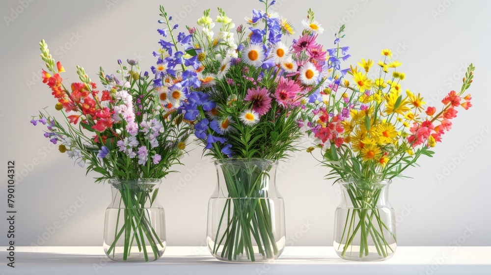 Three vases of flowers are arranged on a table