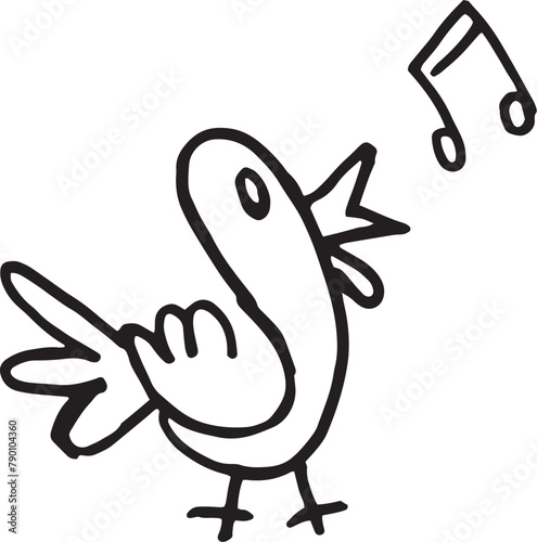Little bird singing - simple stylized drawing - sketch - black and white (ID: 790104360)