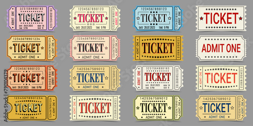Set of retro admit one ticket to cinema, exhibition, museum, festival, theater isolated on gray background, with shadow, vector.