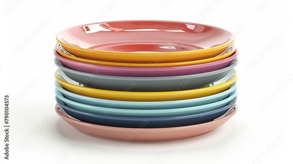 A stack of colorful plates with a white background A stack of colorful plates with a white background
