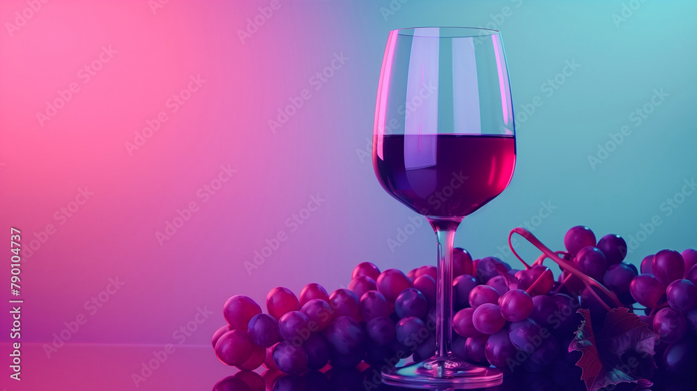 Wine glass and wine grape concept background design. Wineglass alcohol drink poster. Wine creative poster wallpaper. Raster bitmap digital illustration. AI artwork.