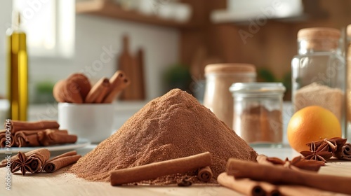 pile tons of dry cinnamon in kitchen table background setting photo
