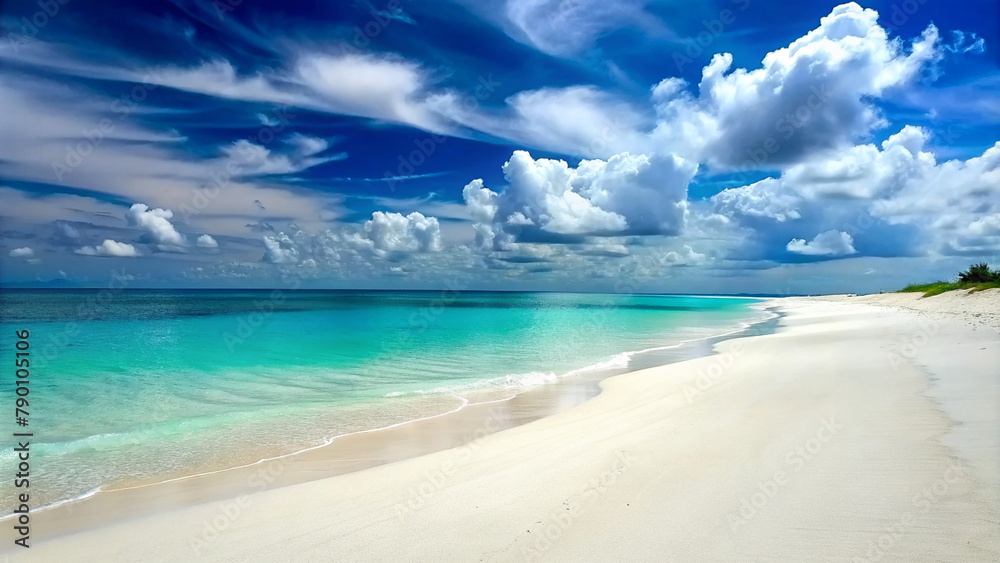 Tropical island with white sand beach and clouds in the blue sky