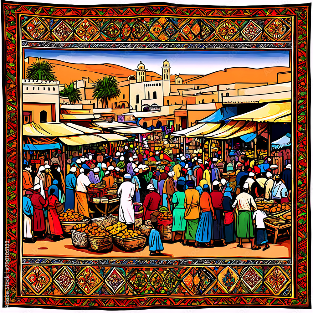 A vibrant tapestry depicting a bustling market scene in Morocco Transparent Background Images 