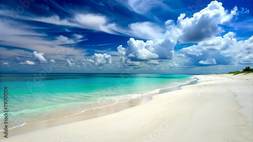 Tropical island with white sand beach and clouds in the blue sky