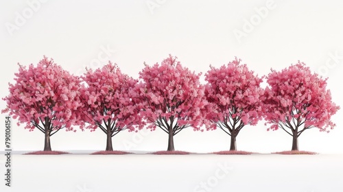 A row of five pink trees are lined up on a white background © AnuStudio