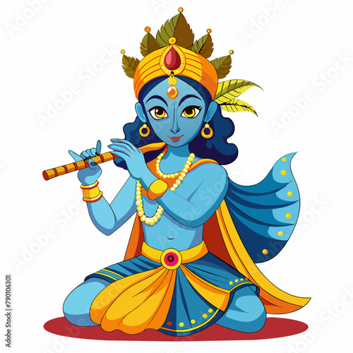 Hindu god Krishna with flute on an isolated white background