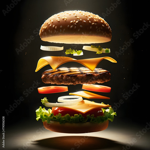 Illustration burger artistique avec ingrédients éclatés pour affiches, publicité ou menu de restaurant