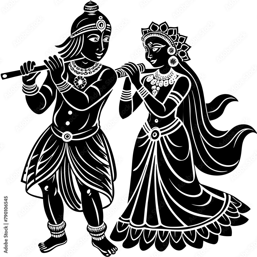 Hindu god Krishna with flute with Radha on an isolated white background Hindu god Krishna with flute with Radha on an isolated white background
