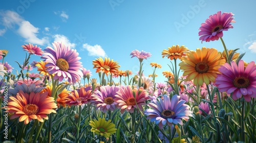 A field of flowers with a blue sky in the background