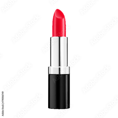 Set of colored lipsticks. Red, pink, orange, nude lipstick mockup. 3d realistic packaging. Decorative cosmetic for lip. Blank template of containers. Vector illustration isolated on white