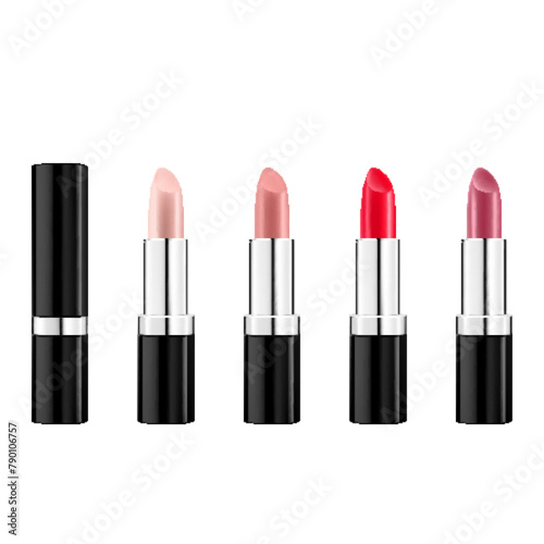 Set of colored lipsticks. Red, pink, orange, nude lipstick mockup. 3d realistic packaging. Decorative cosmetic for lip. Blank template of containers. Vector illustration isolated on white